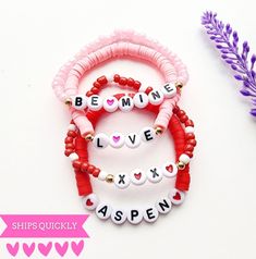 Personalize these super cute Valentines Day bracelet for your special Valentine! Order 1 to keep it simple or order more to create a stack! Pick between heishi bead bracelets or the small seed beads! Customize the stack however you would like!  To order Choose a size  Next choose how many bracelets you want. Then add name or words  to personalization. Disney Outfits Women, Mini Bracelet, Valentine Gifts For Kids, Party Names, Bracelet Heart, Bracelet Love, Valentine Shirt, Round Rock, Love Bracelet