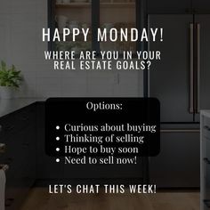 a black and white photo with the words happy monday where are you in your real estate goals?