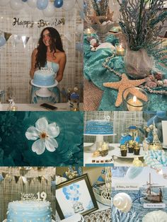 a woman standing in front of a table filled with blue and white cakes, decorations and balloons