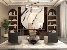 an elegant living room with marble walls and flooring, two chairs, a coffee table, bookshelves and a chandelier