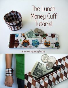 the lunch money cuff is made out of fabric and has an owl design on it