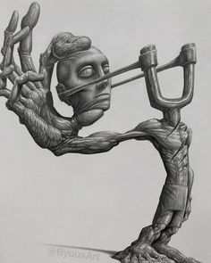 a drawing of a man playing the trombone with his arm and head made out of branches