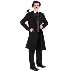 This distinguished Edgar Allen Poe costume features a long overcoat with cloth-covered buttons and a slit in back. A dark paisley vest and cravat are layered underneath. Once you fix the included raven to your shoulder, there will be no doubt that you're dressed as the darkly iconic horror author, Edgar Allen Poe! Edgar Allen Poe Costume, Edgar Allen, Allen Poe, Edgar Allen Poe, Long Overcoat, Large Man, Edgar Allan, Edgar Allan Poe, Mens Costumes