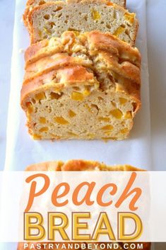 a loaf of peach bread sitting on top of a white plate next to a piece of cake