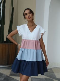 Multicolor Cute Collar Short Sleeve Polyester Colorblock Smock Embellished Non-Stretch Summer Women Dresses Summer Casual Color Block Mini Dress, Multicolor Color Block Sleeveless Summer Dress, Sleeveless Color Block Sundress, Chic V-neck Color Block Dresses, Casual V-neck Color Block Dress, Smocked Dresses, Boho Mini Dress, Western Boho, Cute Shorts