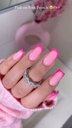 Nail Ideas French Tip Color, Pink French Design Nails, Pink With Pink French Tip, French Nokti, Birthday Nail Designs Square, Pink Square Nail Designs, Dark Pink Square Nails, Light Colored Nail Ideas, Medium Pink French Tip Nails