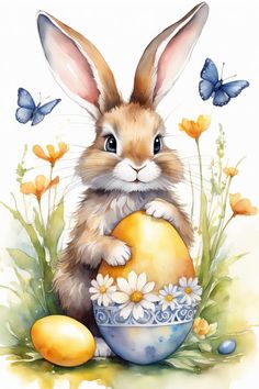 a painting of a bunny holding an easter egg with daisies and butterflies around it