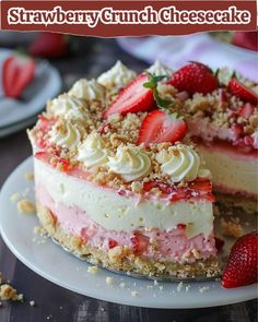 strawberry crumb cheesecake on a white plate