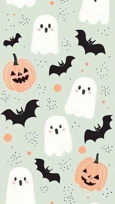 halloween wallpaper with ghost, pumpkins and bats on green background for kids's room