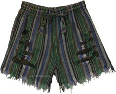 A fun pair of handmade cotton shorts with frilled hem, razor cut pattern in the front these striped brown, red, etc. shorts are a great way to wear the bohemian inside you. #tlb #bohemianfashion #Handmade #HippieShorts #BeachShorts Green Hippie Festival Shorts, Hippie Green Festival Shorts, Green Bohemian Cotton Shorts, Brown Bohemian Shorts, Green Cotton Festival Shorts, Bohemian Brown Shorts For Vacation, Bohemian Brown Cotton Shorts, Hippie Shorts, Patchwork Shorts