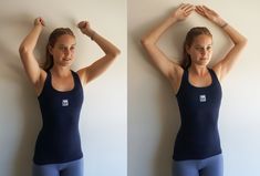 two photos of a woman with her arms behind her head