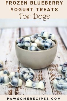 frozen blueberry yogurt treats for dogs in a bowl on a wooden table