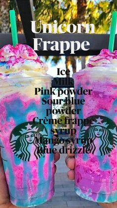 two frozen drinks with unicorn frappe on the top and one is pink powdered