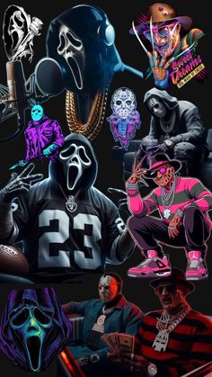 a collage of different colored images on a black background, including masks and other items