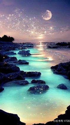 an ocean scene with rocks and stars in the sky