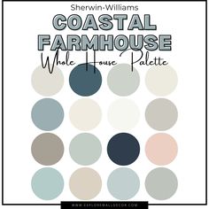 the coastal farmhouse house palette is shown in shades of blue, grey and white with text overlay