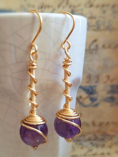 Semiprecious Stone "Twist" Earrings – Summer Indigo Spiritual Wire Wrapped Earrings For Gift, Round Hand Wrapped Earrings For Gifts, Hand Wrapped Earrings For Gifts, Hand Wrapped Round Earrings For Gift, Handmade Purple Spiral Jewelry, Spiritual Amethyst Wire Wrapped Earrings, Handmade Amethyst Gold Earrings, Handmade Gold Amethyst Earrings, Greek Antiquity