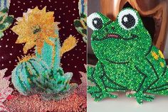 two pictures side by side one has a green frog and the other has flowers on it