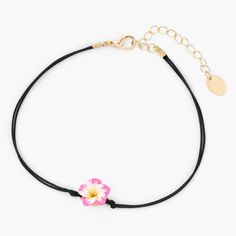 One perfect hibiscus flower will help you feel like you're on a tropical island! The pretty pink petals are on a black cord anklet with a gold-tone clasp. It's perfect for pool and beach days, all summer long. Finish: Gold-tone Length: 9" + 2" extender Closure: Lobster clasp Material: Metal, Plastic, Polyester - Claire's Pink Hibiscus Flower Anklet Pink Flower Jewelry For Vacation, Pink Flower-shaped Jewelry For Vacation, Summer Beach Jewelry With Flower Shape, Summer Beach Flower Jewelry, Summer Vacation Jewelry With Flower Shape, Black Beach Bracelets For Summer, Black Summer Beach Bracelets, Summer Flower Jewelry For Vacation, Resizable Pink Jewelry For Summer