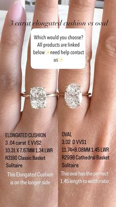 a woman's hand with two engagement rings on it and the price for each ring