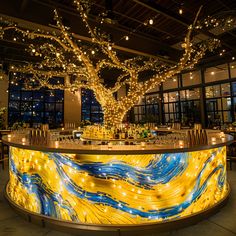 the bar is decorated with yellow and blue swirls