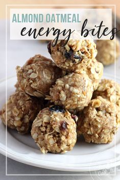 almond oatmeal energy bites on a white plate with the title above it