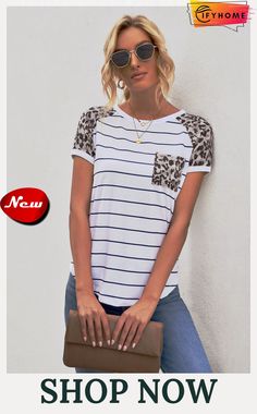 Striped Leopard Pocketed Patch Tee On Sale, Free Shipping