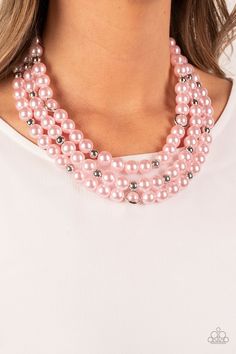 This collection of pink pearls is infused with silver beads and rings and is composed of invisible wires that create cascading, voluminous layers. An adjustable clasp closure completes the design. Sold as one individual necklace. Includes one pair of matching earrings. Pink Pearl Necklace, Gray Necklace, Yellow Necklace, Pink Pearls, Brown Bracelet, Red Necklace, Pink Necklace, White Necklace, Copper Bracelet