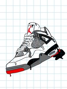 a drawing of a sneaker with red and black accents on the upper half of it