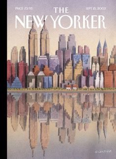 the new yorker is reflected in water with buildings and skyscrapers on either side