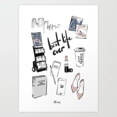 a white poster with various items on it