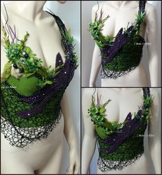 three pictures of a woman's bra with green and purple flowers on the side