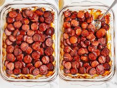 two images showing how to make baked sausages in casserole dish with spoon