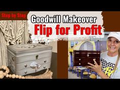 a woman is standing next to an old suitcase and jewelry box with the words goodbye makeover flip for profits