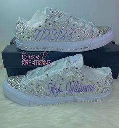 Silver Sneakers For Wedding With Round Toe, Elegant Wedding Sneakers With Rhinestones, Customizable White Sneakers For Wedding, Silver Lace-up Sneakers For Wedding, Silver Lace-up Wedding Shoes, Elegant Embellished Sneakers For Wedding, Wedding White Embellished Sneakers, Embellished Low-top Wedding Sneakers, Wedding Lace-up Sneakers With Rhinestones