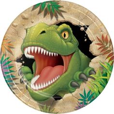 a paper plate with an image of a dinosaur on it's face and mouth