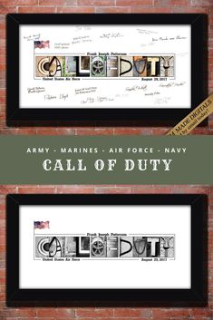 two framed pictures with the words call of duty in different font styles and colors on them