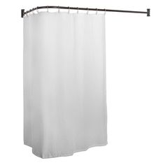 a white shower curtain hanging from a metal rod