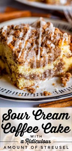 a close up of a piece of cake on a plate with the words sour cream coffee cake