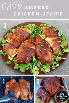 the steps to make grilled chicken on a grill with text overlay that reads easy smoked chicken recipe