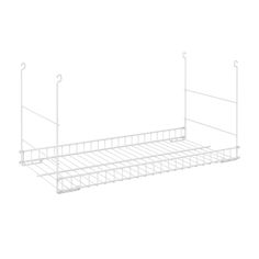 a white wire shelf with two hooks on each side and one hanging from the ceiling