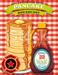 pancake breakfast poster with syrup and pancakes on checkered tablecloth background stock illustration