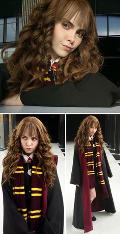 a collage of photos shows a woman with long hair wearing a harry potter costume