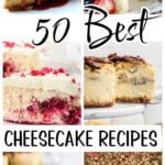 the cover of 50 best cheesecake recipes, including cakes and pies with text overlay