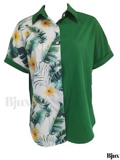 Bjux - Womens Floral Print Button Front Blouse: Stylish Short Sleeve Top for Spring and Summer, Casual and Chic Womens Clothing Green Short Sleeve Blouse With Patchwork, Short Sleeve Top, Summer Casual, Types Of Printing, Short Sleeves Tops, Collar Styles, Sleeve Top, Floral Print, Floral Prints