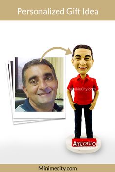 a custom bobble head with an image of a man in a red shirt