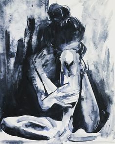 a black and white painting of a woman sitting on the ground with her head in her hands