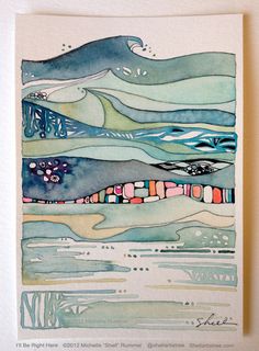 an abstract painting with watercolors and ink on paper, depicting the ocean landscape