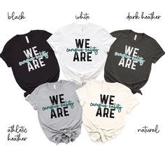 four different shirts with the words we are in black, white and green on them