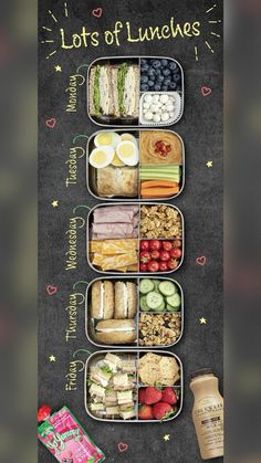 a lunch box filled with different types of food and the words lots of lunches written on it